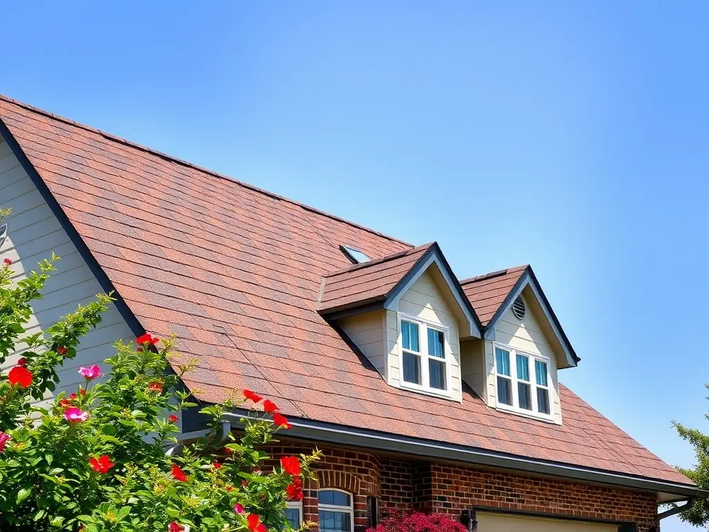 A newly installed asphalt shingle roof on a suburban home, showcasing clean lines and a variety of color options, under a clear blue sky.