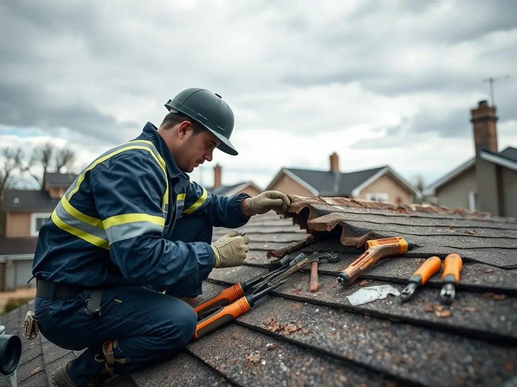 A residential roof being repaired, with a technician carefully replacing damaged shingles and inspecting the underlying structure.
