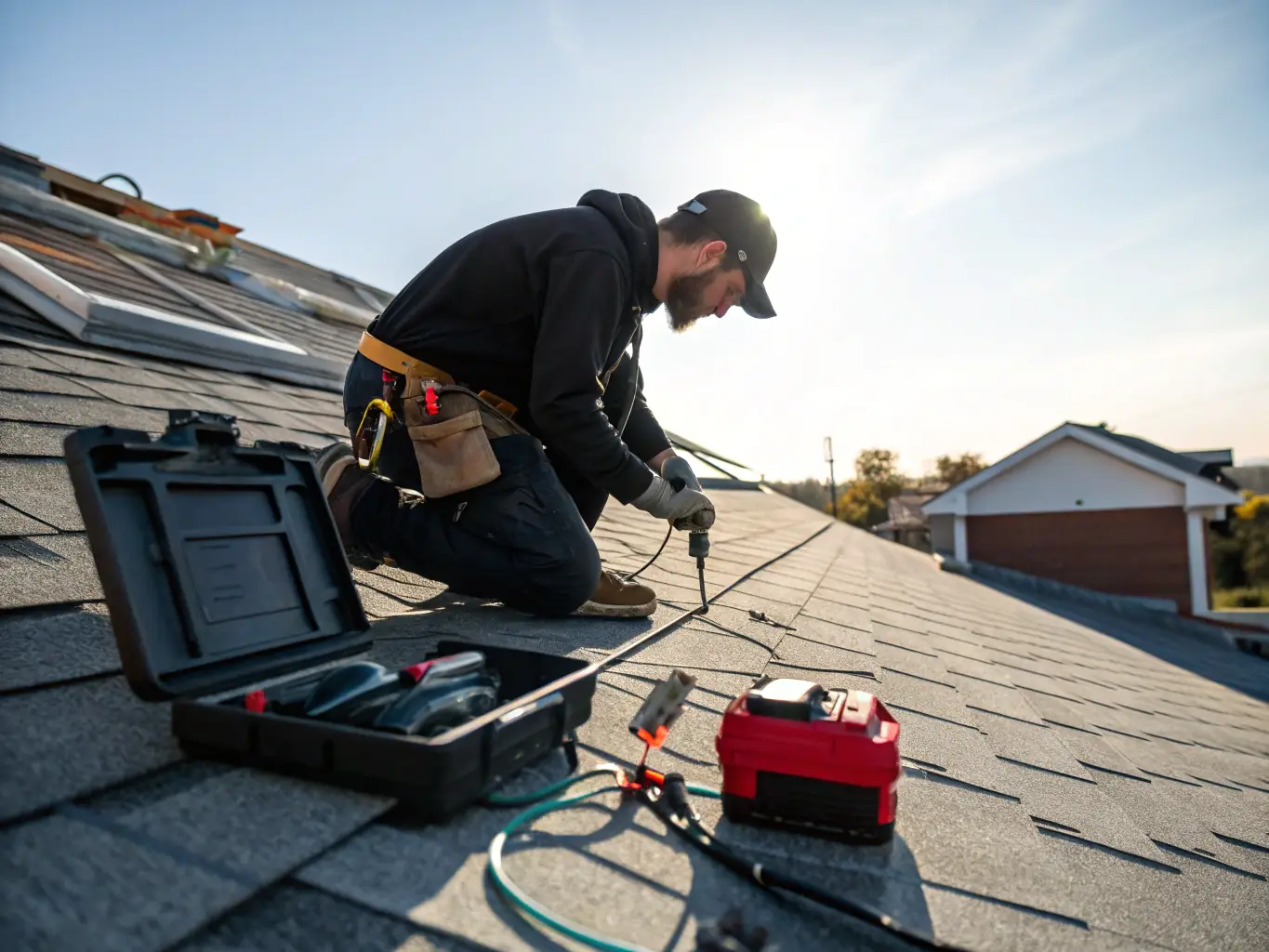 A technician performing routine maintenance on a residential roof, clearing debris and inspecting for potential issues.